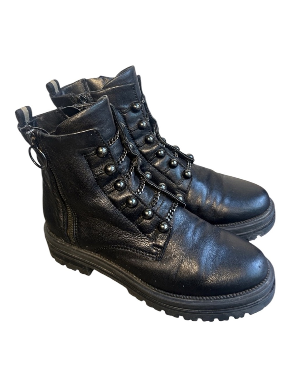Browns Black Leather Chain Moto Combat Boots Made in Italy Size 38/US 7